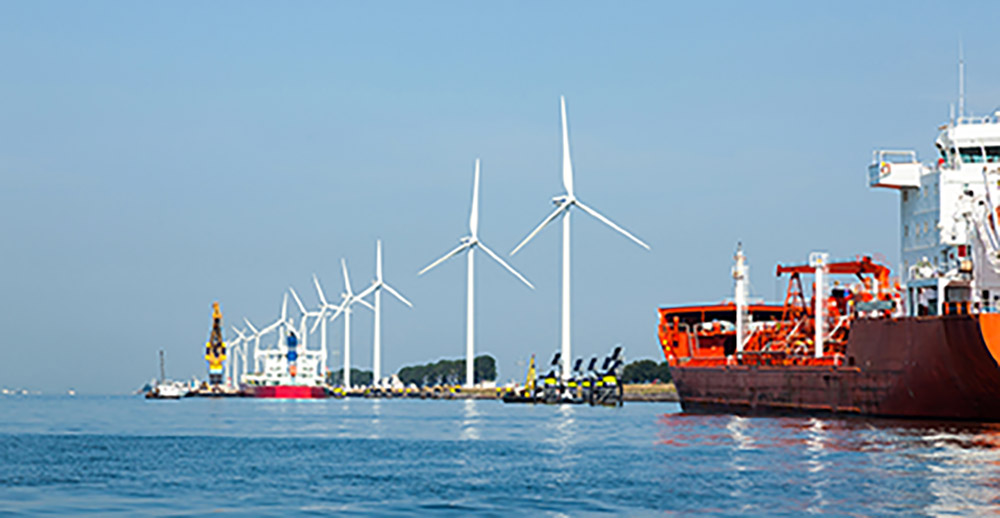 Single Row Of Offshore Wind Turbines In A Port